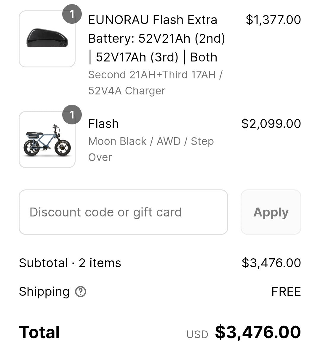 At MALL #10- Eunorua Flash AWD Battery: 52V21Ah (2nd) 52V17Ah (3rd) 52v 4amp Charger Plus UL Rated For Safety & 30 mph Top Speed & LOWER SPEED CAN BE PROGRAMMED